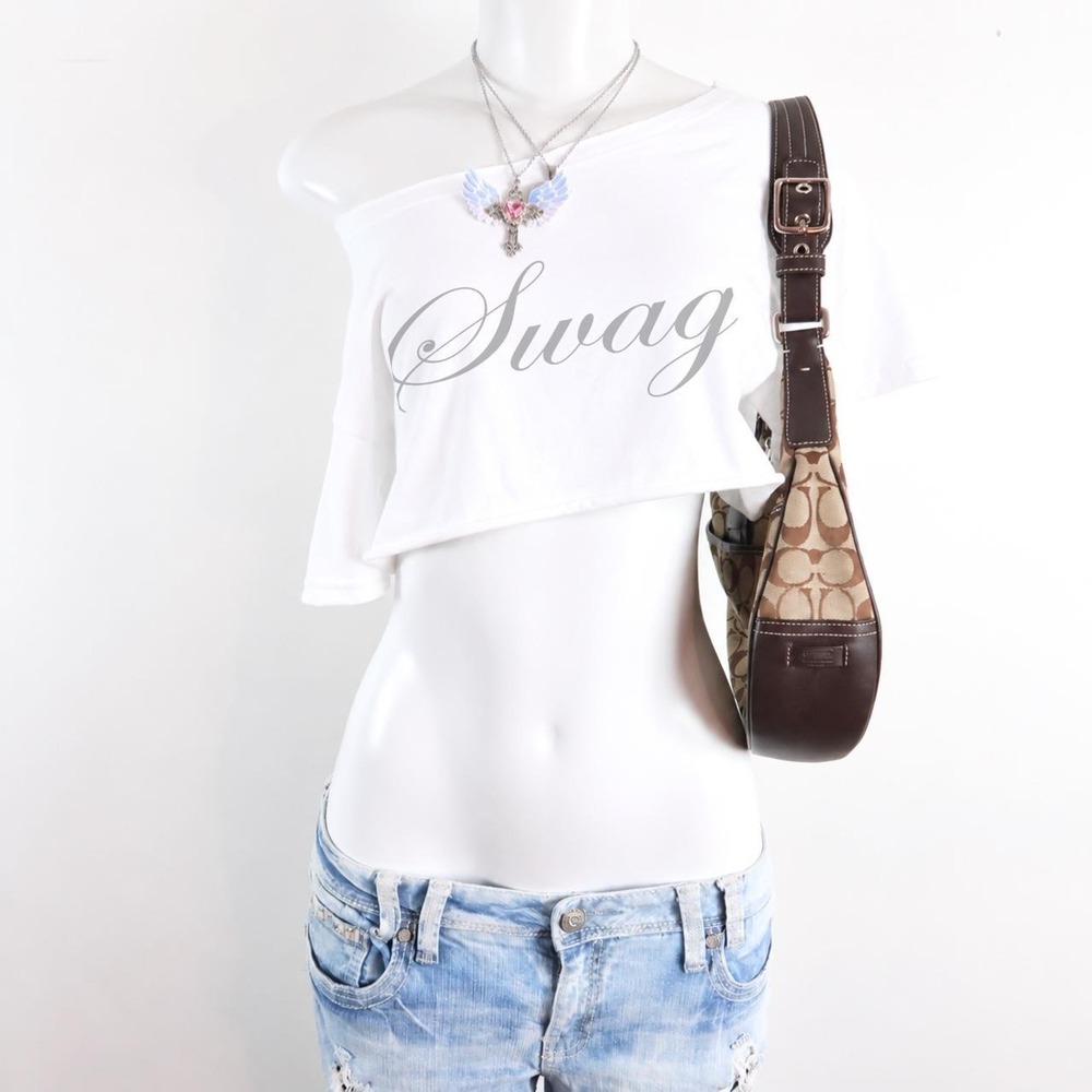 white "swag" off shoulder crop top
